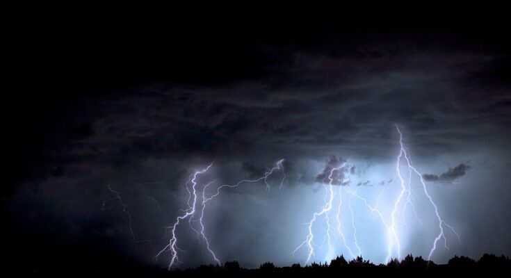 lightning, blue sky, storm, energie